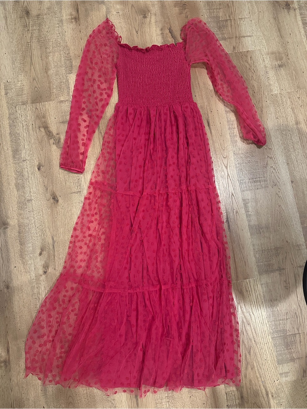 Pink Lily Hot Pink Long Mesh Party Dress with Puff Sleeves